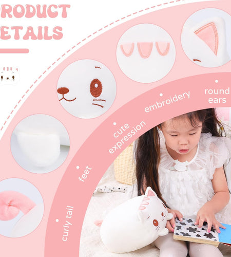 23.6 Inch Cute White Cat Plush Stuffed Animal Cylindrical Body Pillow,Super Soft Cartoon Hugging Toy Gifts for Bedding, Kids Sleeping Kawaii Pillow