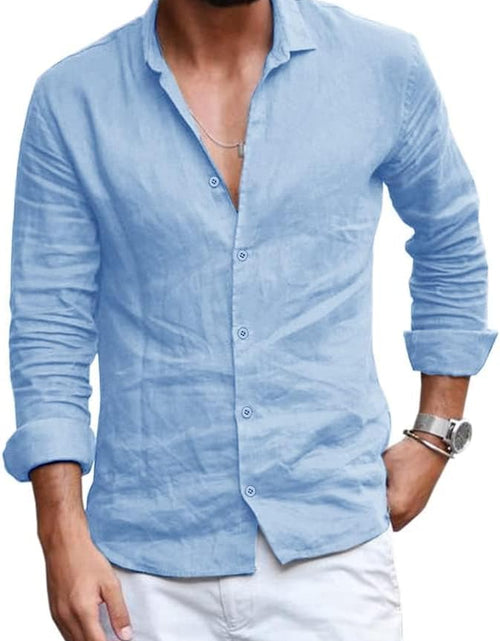 Load image into Gallery viewer, Mens Button down Shirt Linen Cotton Shirts Casual Long Sleeve Spread Collar Lightweight Beach Plain Tops
