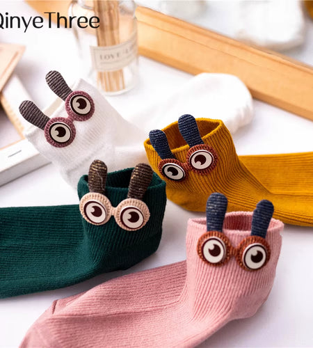 New Women'S Spring Summer Cartoon 3D Big Eyes Rabbit Eared Short Tube Socks Novelty Funny Soft Cotton Ankle Sokken Gift