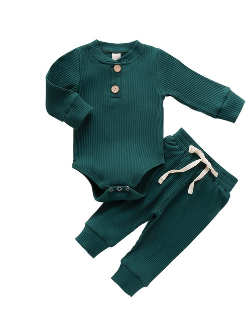 Load image into Gallery viewer, Infant Newborn Baby Girl Boy Spring Autumn Ribbed/Plaid Solid Clothes Sets Long Sleeve Bodysuits + Elastic Pants 2Pcs Outfits
